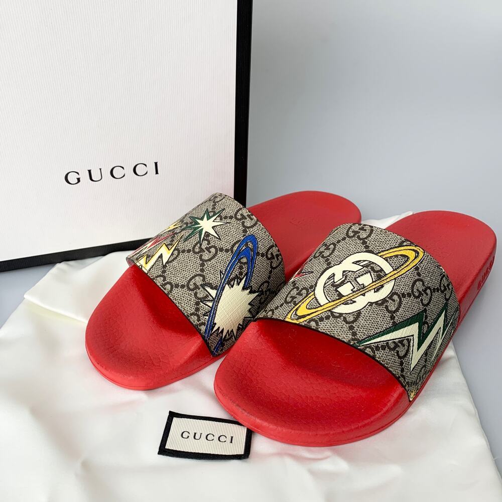 NIB Gucci Supreme GG Lightning Slides Red 35 Slippers
